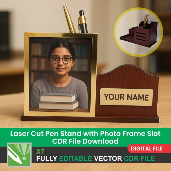Laser Cut Pen Stand with Photo Frame Slot CDR File