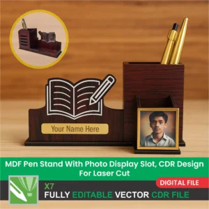 MDF Pen Stand with Photo Display Slot, CDR Design for Laser Cut
