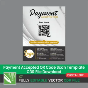 “Download Payment Accepted QR Code Scan Templates in CDR format – ready for printing & social media use to display UPI payment options.”
