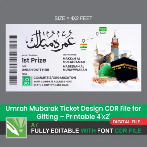 Umrah Mubarak Ticket Design CDR File for Gifting Printable 4x2 feet
