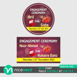 Download Engagement Sticker Design for Sweet Box editable CDR file. Perfect for Ring Ceremony and Sagai Ceremony laddu box sticker with custom name & date. High quality CorelDRAW template ready for print.