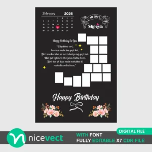 Download Happy Birthday Photo Frame for Love CDR File. Create a personalized romantic birthday gift with editable photos, custom name, calendar, and instant digital download