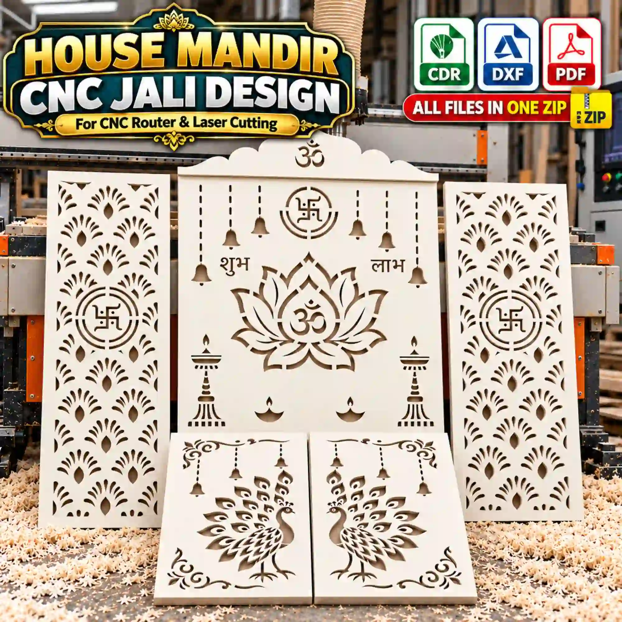 Mandir CNC Jali Design for Home | Back Panel, Door & Mehrab CDR File Download - Image 3