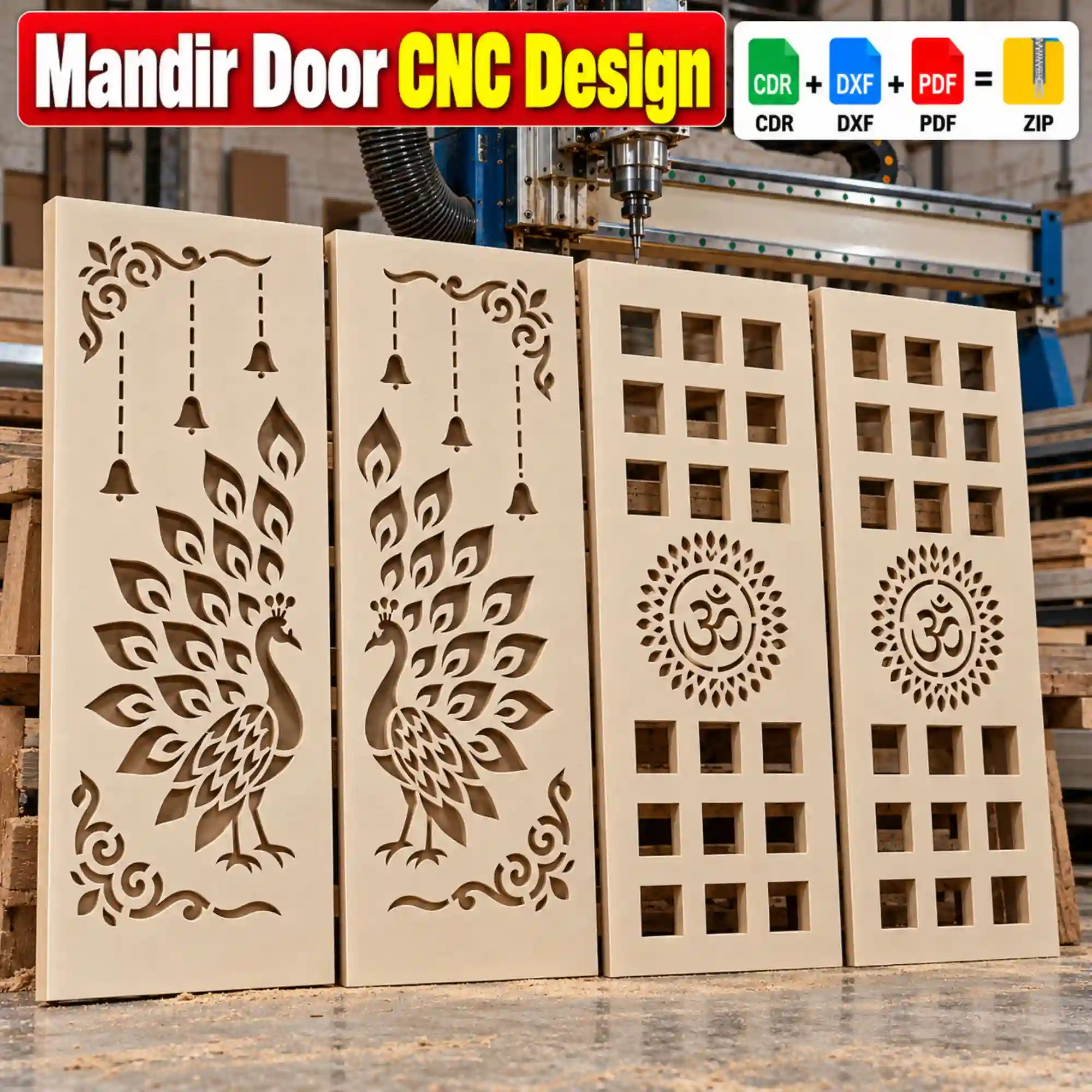 Mandir Door CNC Design Pack of 4 | CDR, DXF & PDF Files Download