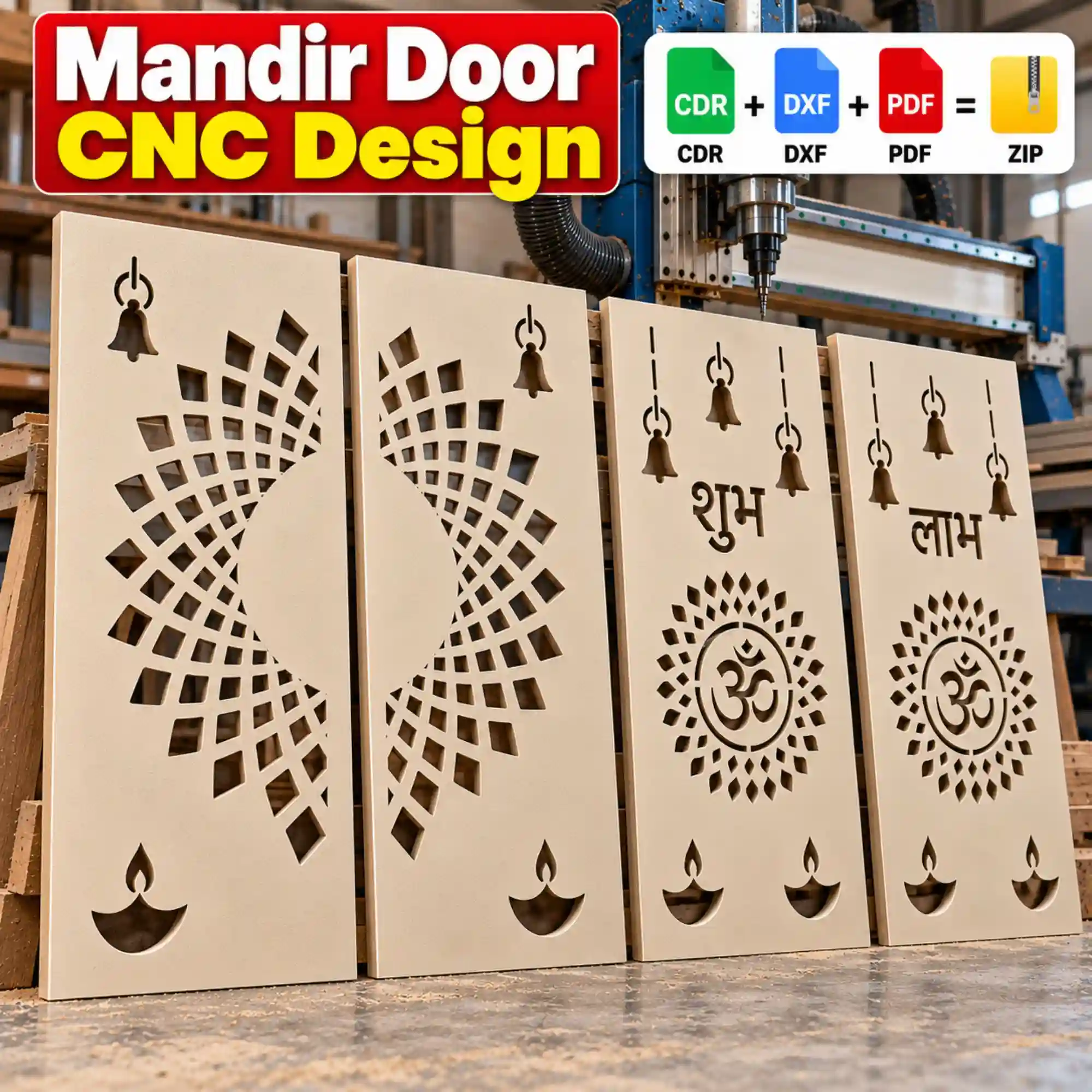 Download Mandir Door CNC Design Pack of 4 in CDR, DXF and PDF formats. Get 4 unique mandir door designs for CNC router and laser cutting projects.