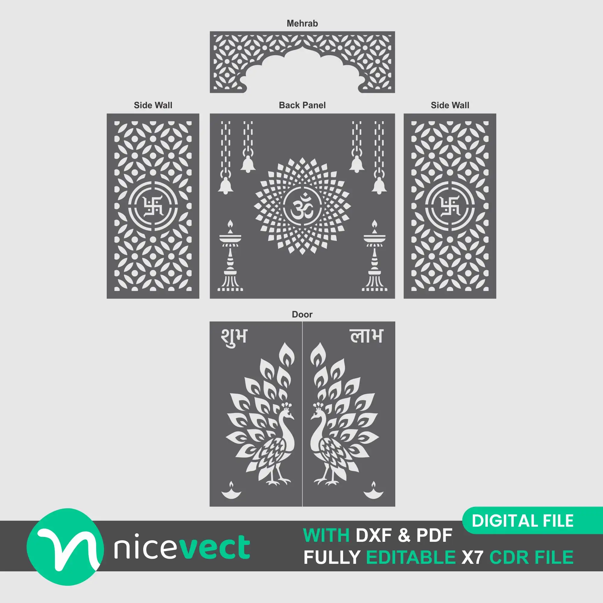 Mandir Jali Design with Mehrab, Back Panel, Side Wall and Peacock Door for CNC & Laser Cutting