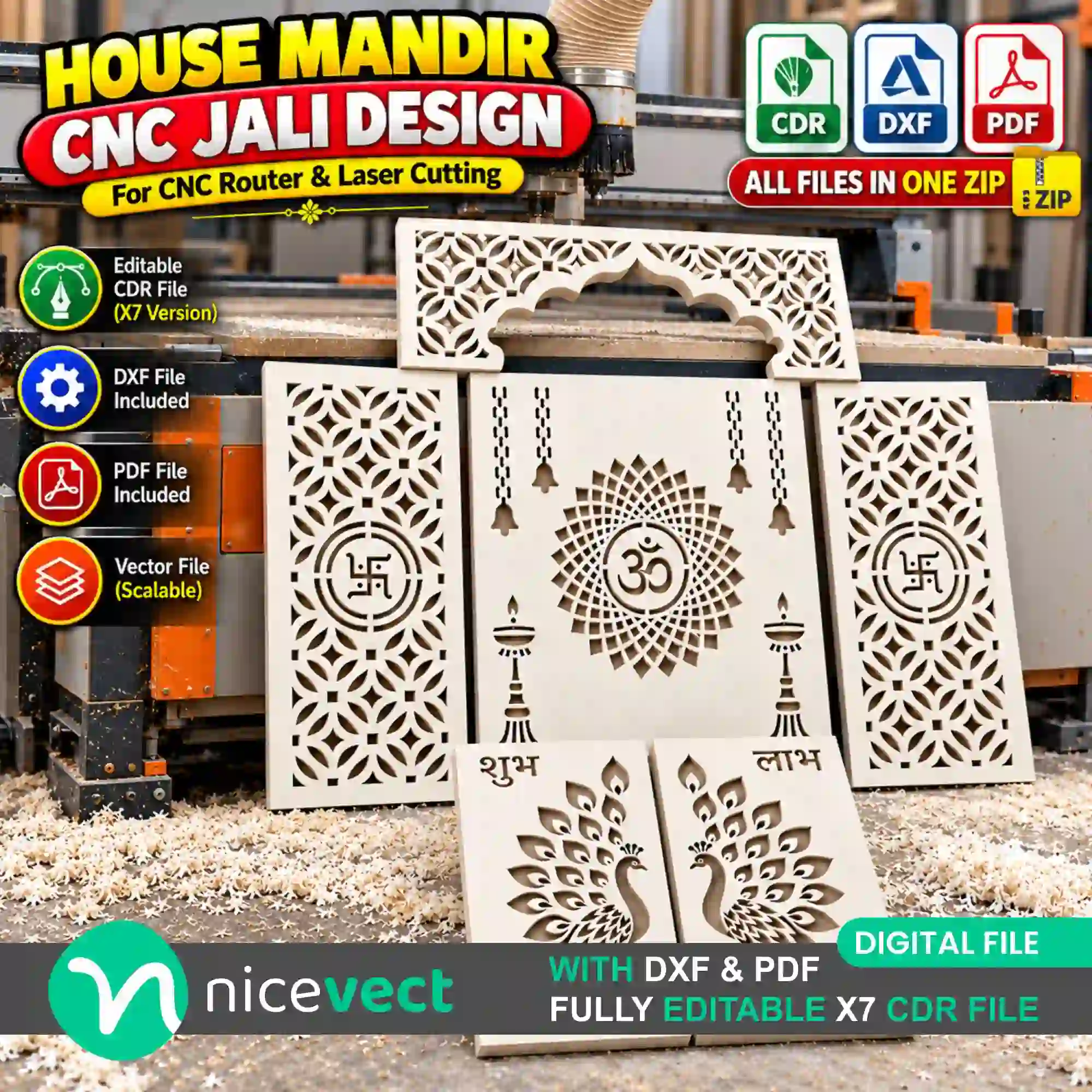 Mandir Jali Design with Mehrab, Back Panel, Side Wall and Peacock Door for CNC & Laser Cutting